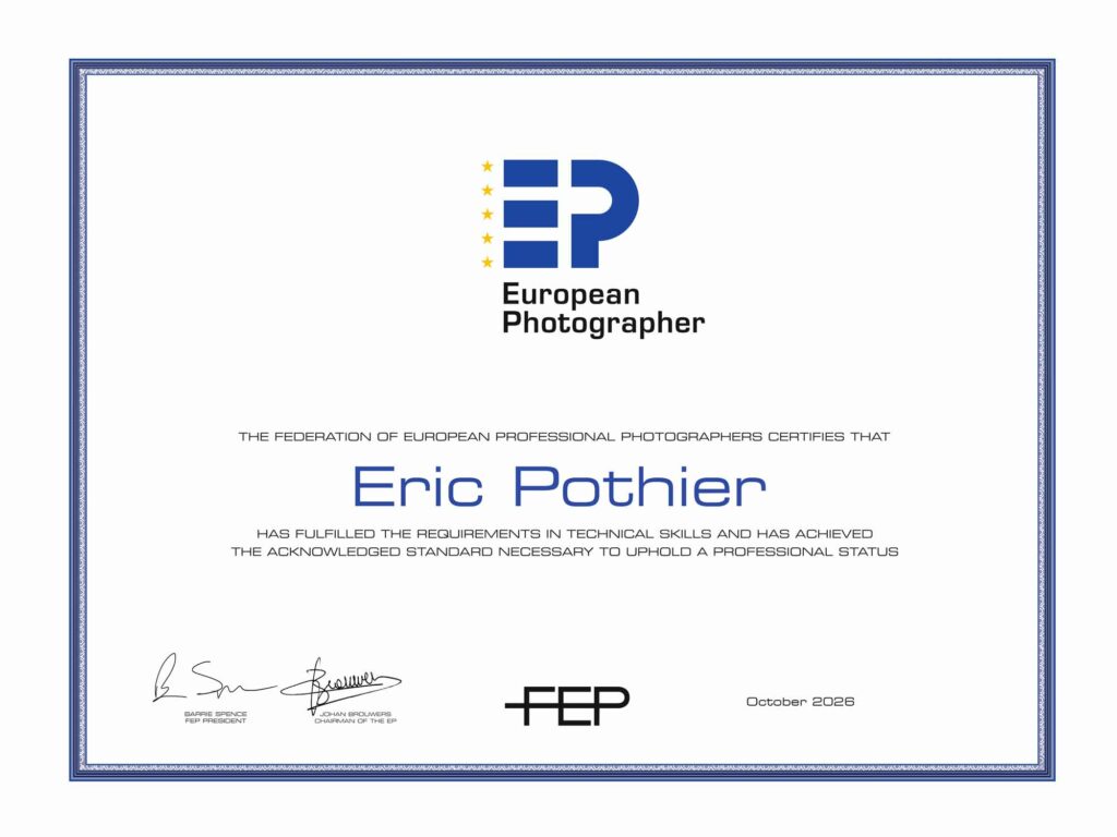 Diplôme European Photographer décerné par la FEP à Éric Pothier, session 66, octobre 2026